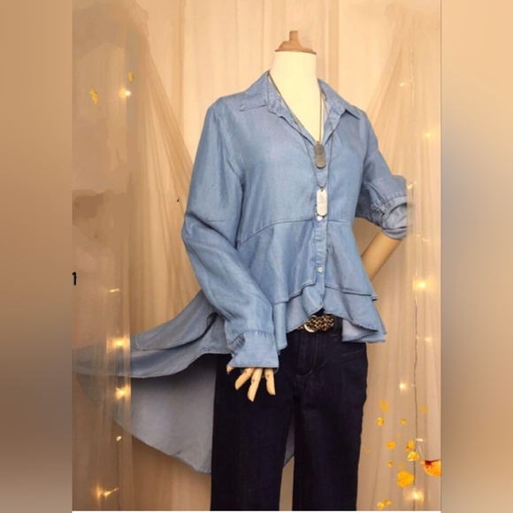 SABRINA LAUREN* raw edge denim back ruffle tuxedo blouse long sleeve button fron - Picture 3 of 15